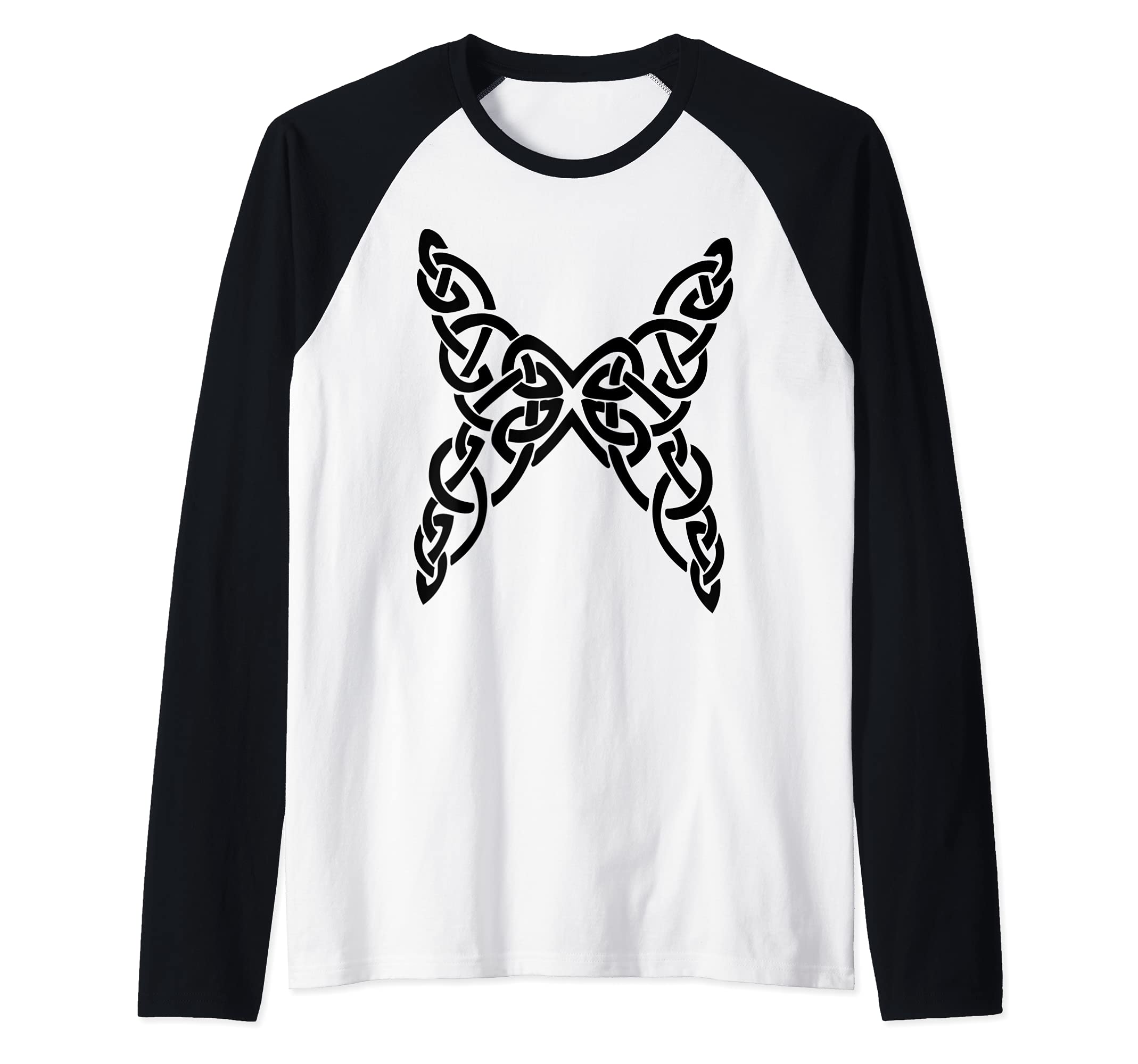 Celtic Butterfly Gaelic Design Raglan Baseball Tee, Black