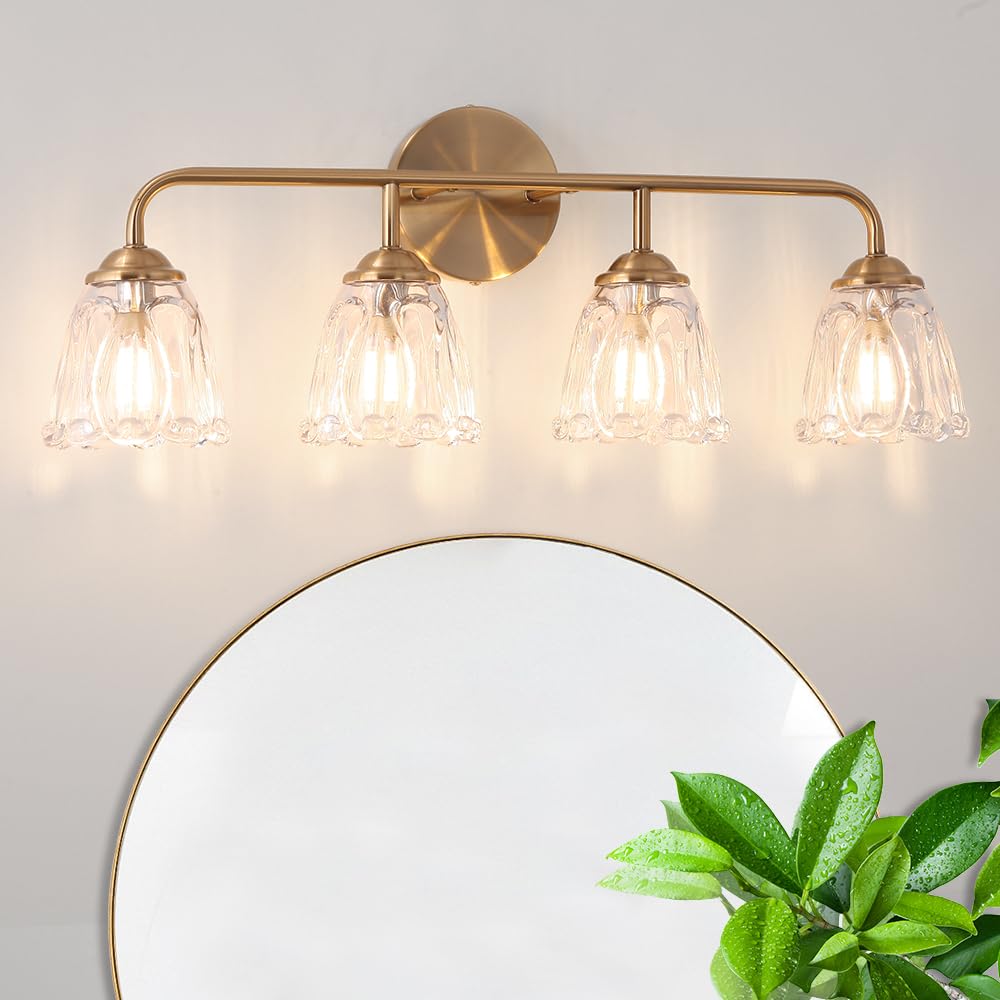 Daunton Vintage Bathroom Vanity Light, Brown Bronze Vanity Lighting, 4-Light Bathroom Lighting Fixtures Over Mirror, Elegant Flower Glass Light with