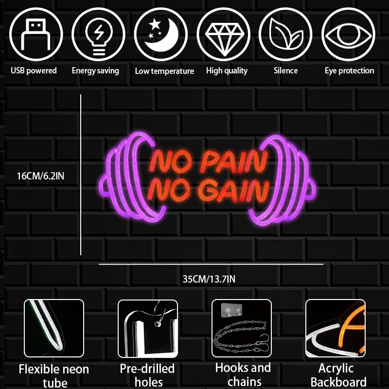 Image of No Pain No Gain Neon Sign Dumbbell Neon Light for Wall Decor,Gym LED Sign Wall Art,Dimmable LED Sport Light Sign for Gym,Fitness,Sports Club,Office