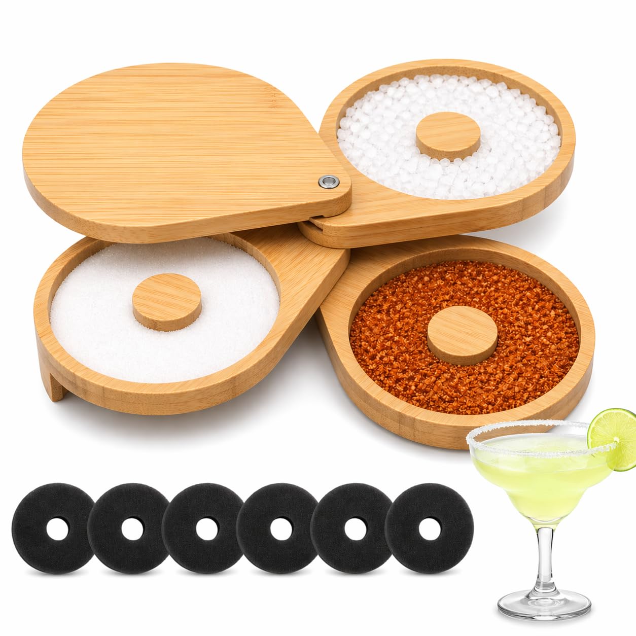 Ensemble de salière en bois Margarita à 3 étages avec couvercle et 6 éponges pour vos cocktails