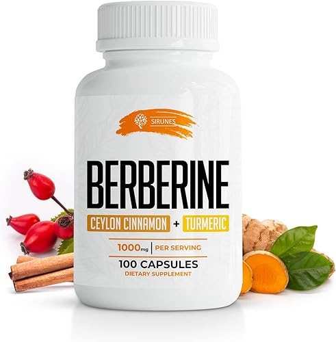 SIRUNES Cápsulas de berberina Ceilán, canela y cúrcuma, suplemento dietético de berberina HCL para hombres y mujeres, berberina sin OMG, 1000 mg,