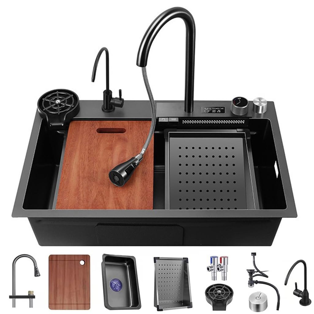 WIQUYBML Stainless Steel Kitchen Sink Waterfall With Digital Display Pull-Down Faucet Multifunctional Bar Prep Complete Accessory Set (Color : Black, Size 75x45x22cm)