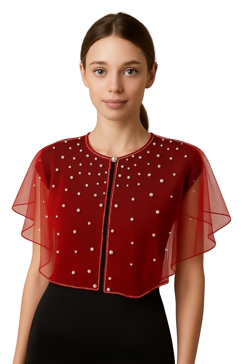 RABBA Pearl and Bead Embellished Net Poncho Capelet, Red Sheer Cape Shrug for Saree and Gown, Free Size-image-26