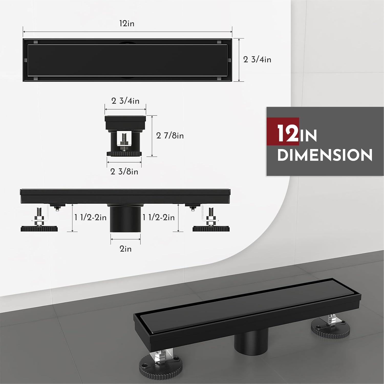 WEBANG 12 Inch Linear Shower Drain Rectangular Floor Drain with Accessories Reversible 2-in-1 Cover Tile Insert Grate Removable SUS304 Stainless Steel CUPC Certified Matte Black