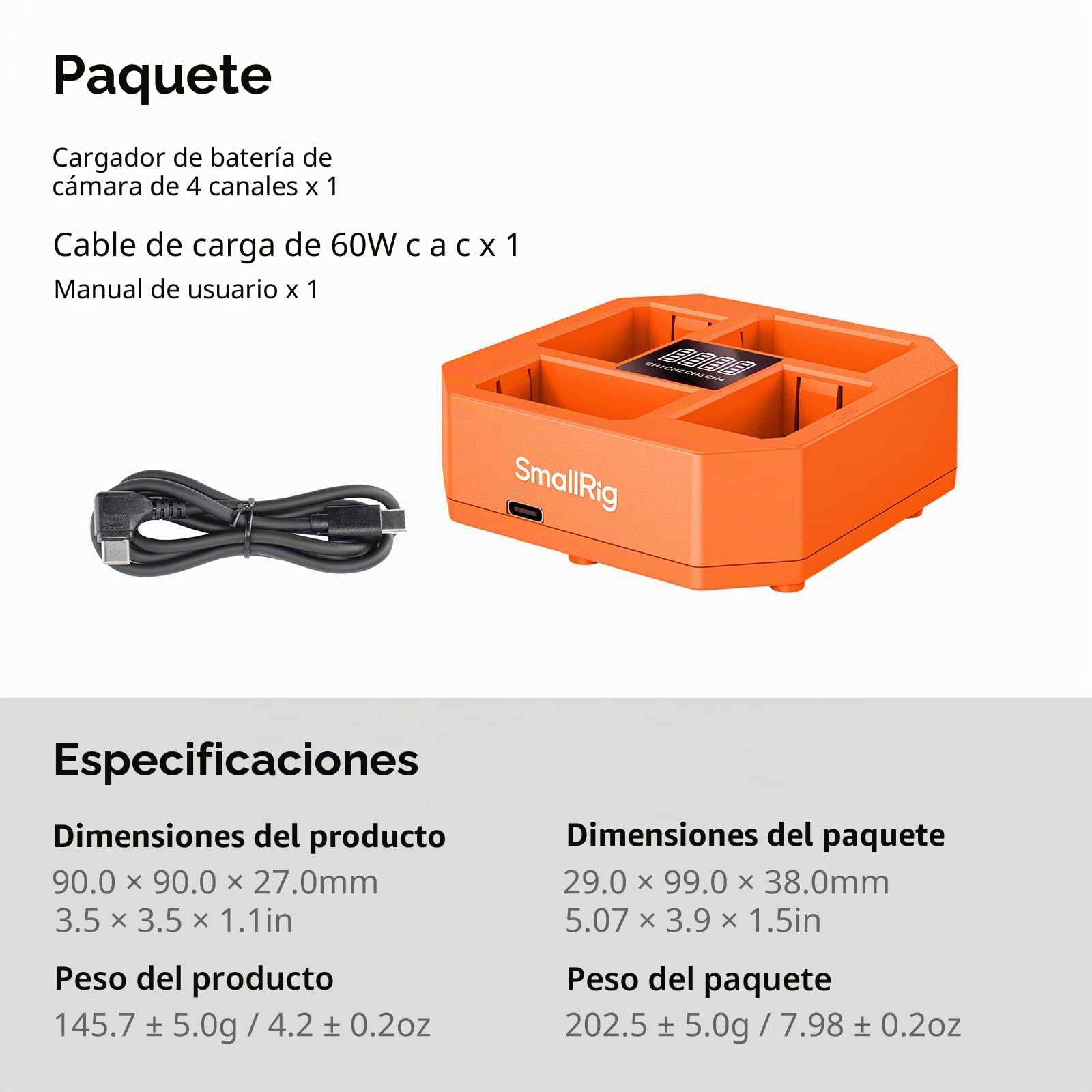 SMALLRIG Compatible con NP-FZ100 Cargador de Batería para Cámara de 4 Canales, con Carga Rápida de 60 W, Pantalla LED,Batería Compacto de 4 Canales Cámara para Sony NP-FZ100, Color Naranja - 4839