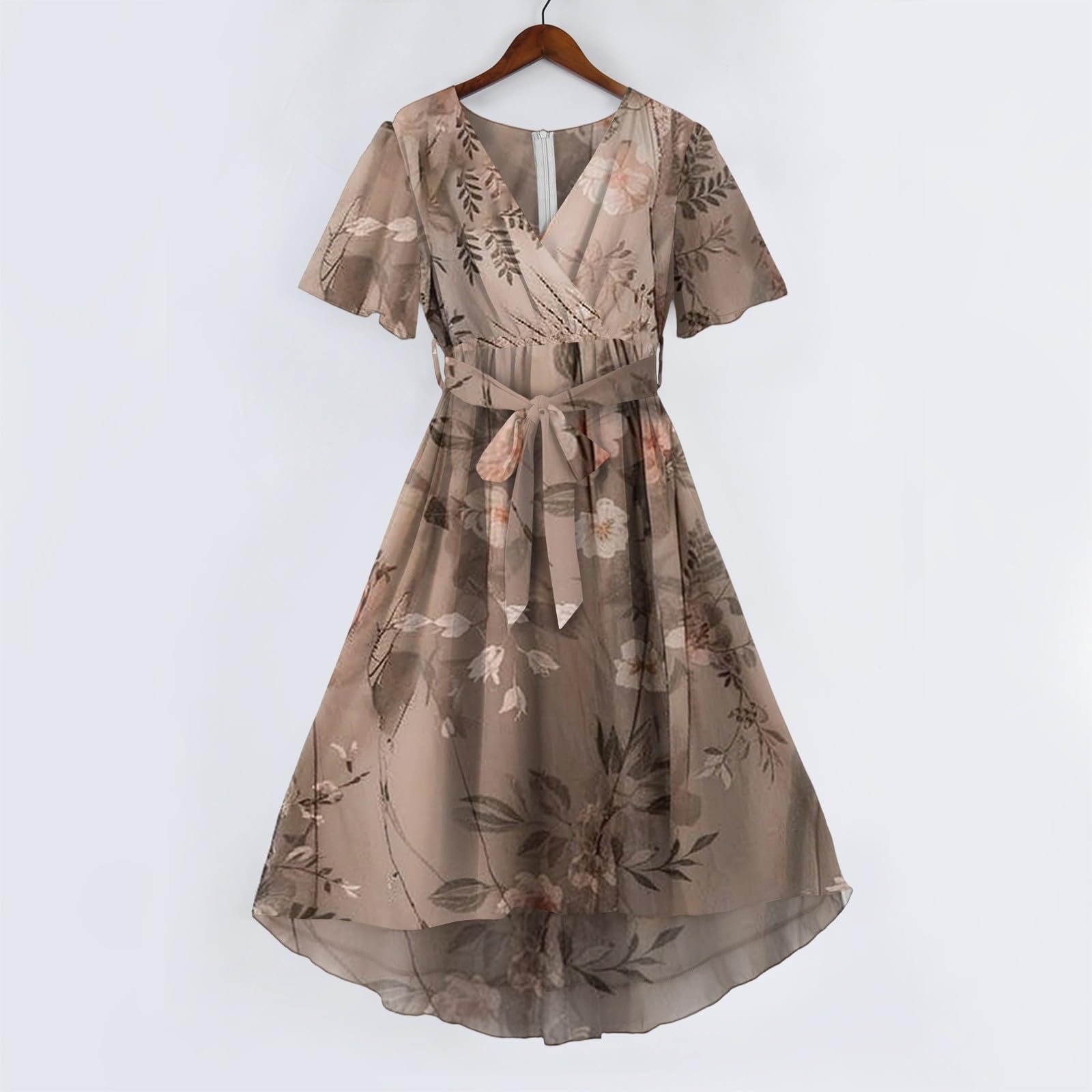 Generisch Damen Chiffon-Wickelkleid mit Flügelärmeln & V-Ausschnitt, Fließendes Midi Kleid, Elegantes Partykleid für Hochzeiten, Dates und Alltag