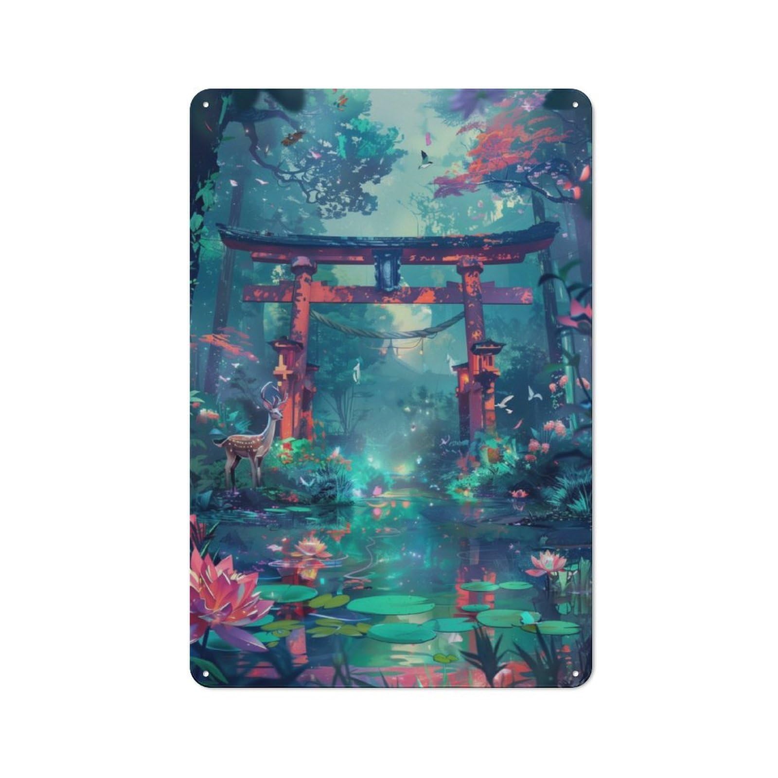 Torii Gate Japanese Rustic Tin Sign 30x20cm for Living Room Or Hallway, A Metal Wall Feature for Living Rooms And Hallways