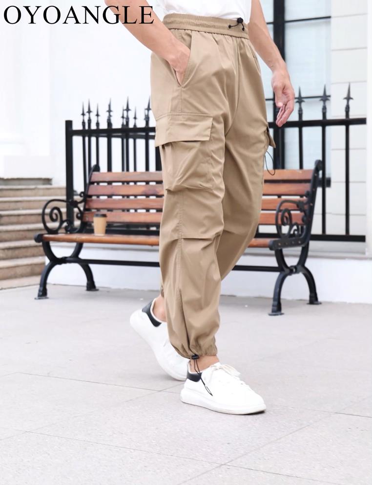 OYOANGLE Men's Cargo Pants Elastic Waist Flap Pockets Hip Hop
