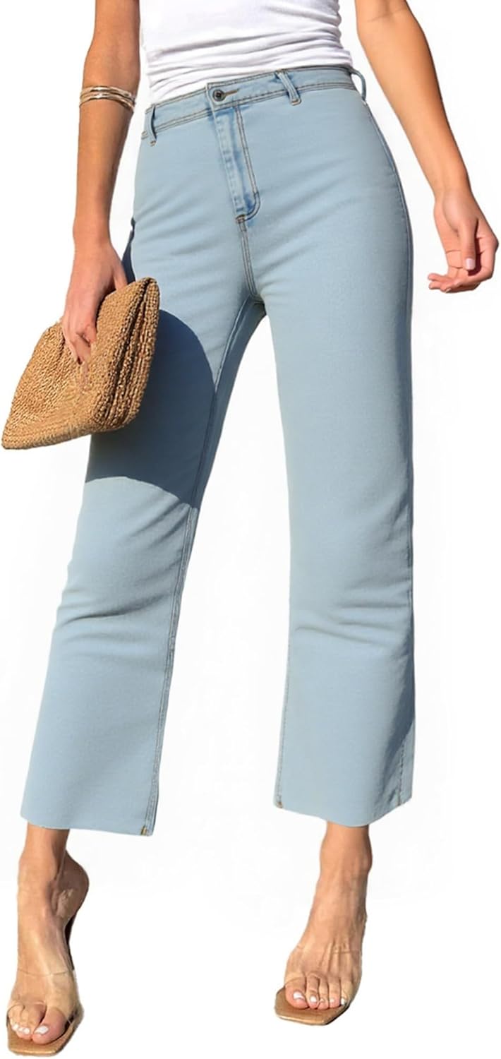 Women's Trendy High Waisted Straight Wide Leg Cropped Jeans Stretchy Denim Pants Frayed Hem - Image 2