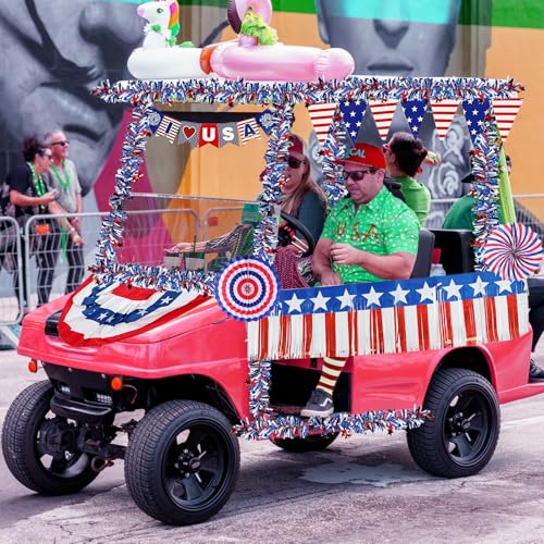 Image of 53PCS 4th of July Car Parade Decorations LOVE USA Banner Bunting Wreath Red White Blue Paper Fans Balloons Decoration Star Streamer Independence Day Party Supplies