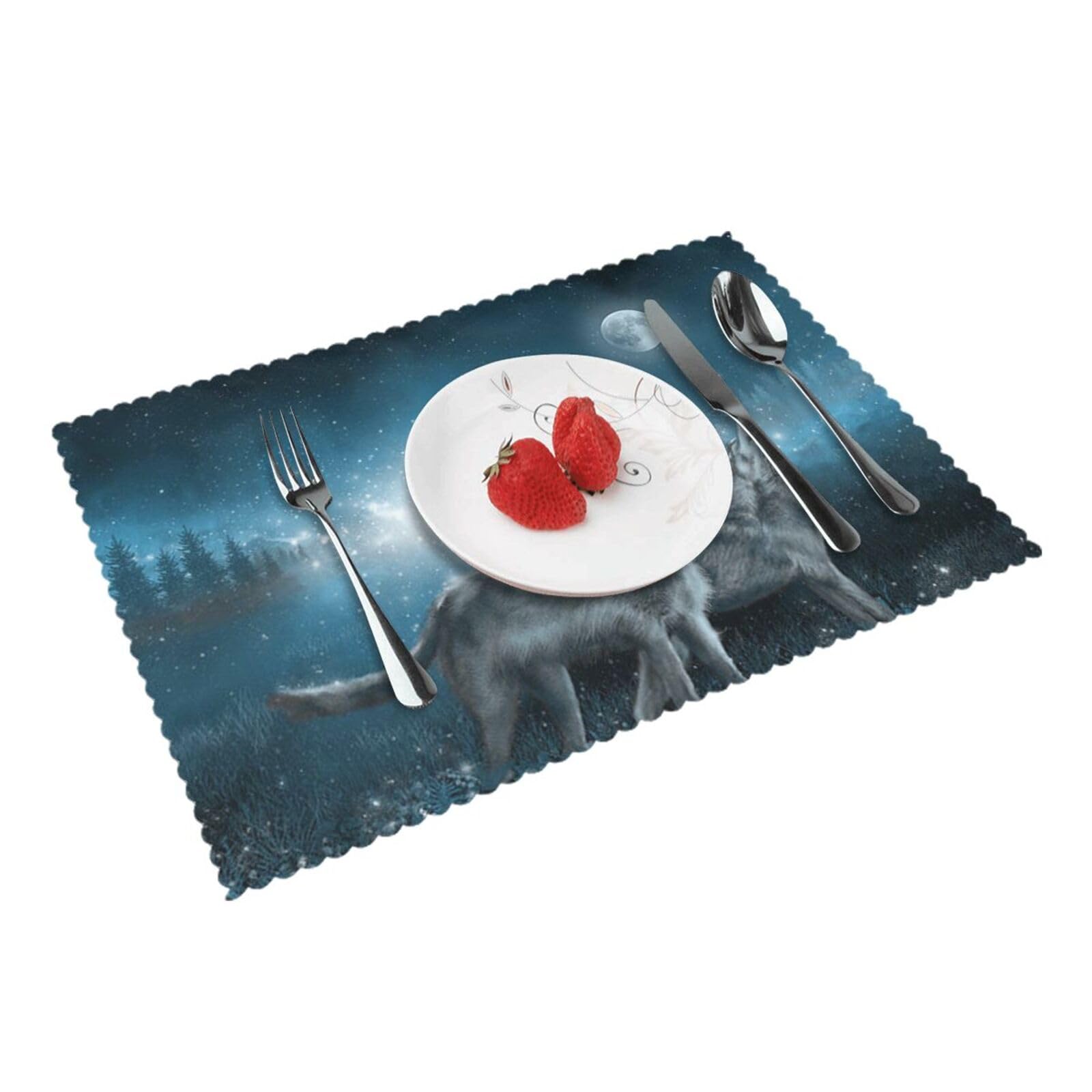 Bnvsadc Wolf In The Moonlight 4 Pcs Heat Resistant Placemat 45X30 Cm, Printed Non-Slip Place Mats For Kitchen Dining Table Indoor Outdoor