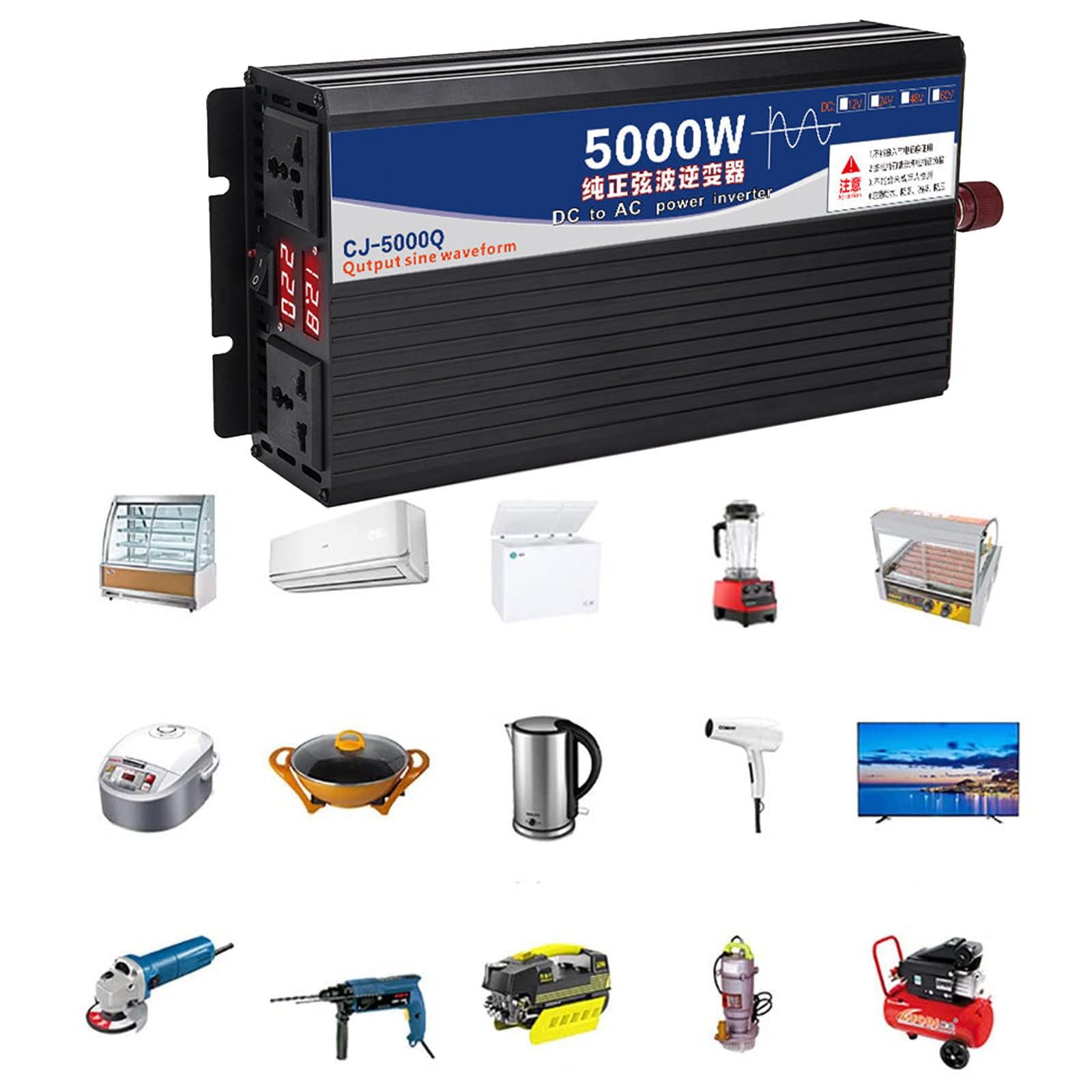Inverter A Onda Sinusoidale Pura 12V/24V/48V/60V, Inverter di Potenza, Sovratensione 4Kw/5Kw, 2 Prese Ca, Alta Efficienza Fino al 90%, con Protezione da Cortocircuito,5000W-24Vto220V