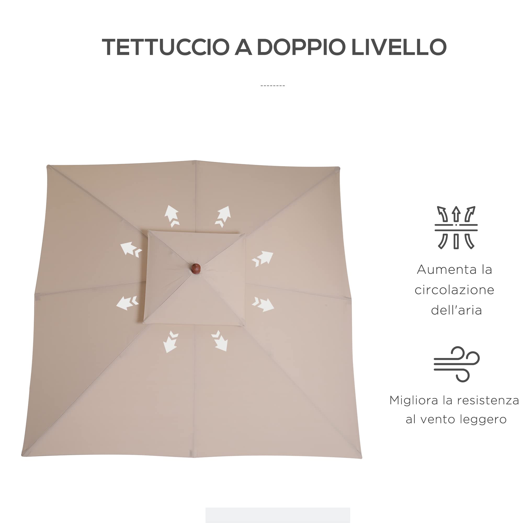 Outsunny Ombrellone da Giardino 3x3 m con Sistema a Corda, Parasole a 2 Livelli, Ombrellone da Esterno Quadrato a 8 Stecche, in Bambù, Legno Pioppo e Poliestere, per Cortile Balcone, Crema