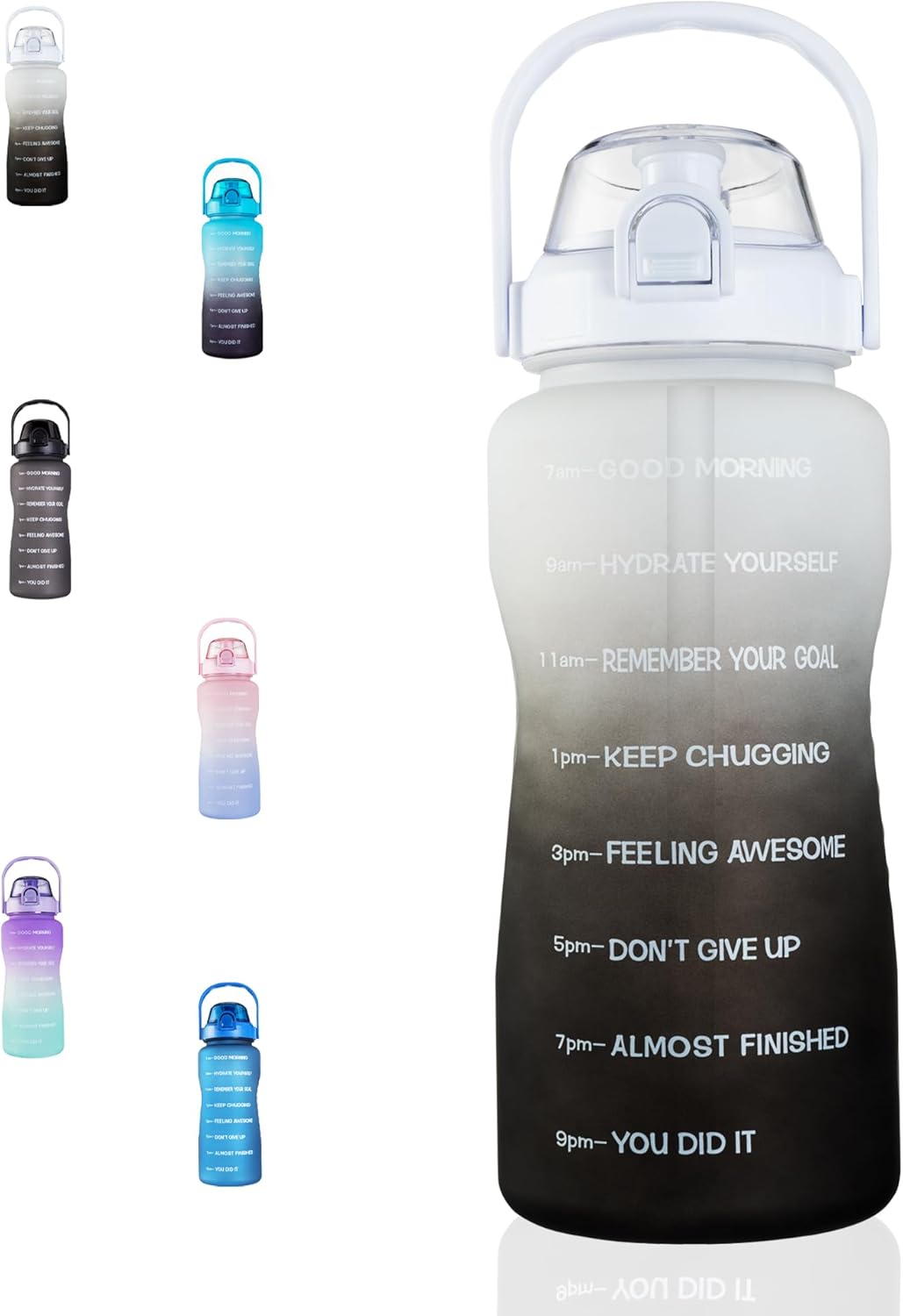Laster 64 Oz, 2L, Half Gallon Motivational Water Bottle with Time Marker for All Day Hydration BPA Free & Leak Proof. Office, Camping, Fitness, Road Trip - SOLID COLORS (Black & White) White & Black