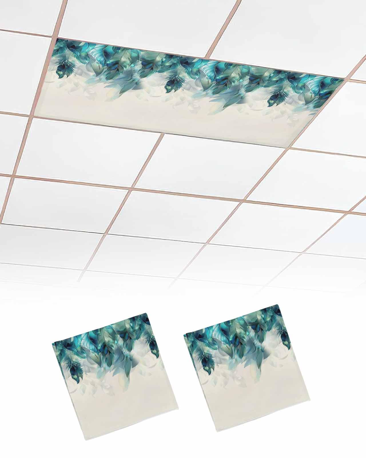 Teal Peacock Feathers Fluorescent Light Covers for Ceiling Lights 4x2 feet,2 Pack Magnetic Light Filters for Classroom,Realistic Leaves Foliage Elegant Fluorescent Light Shade Panel for Office School