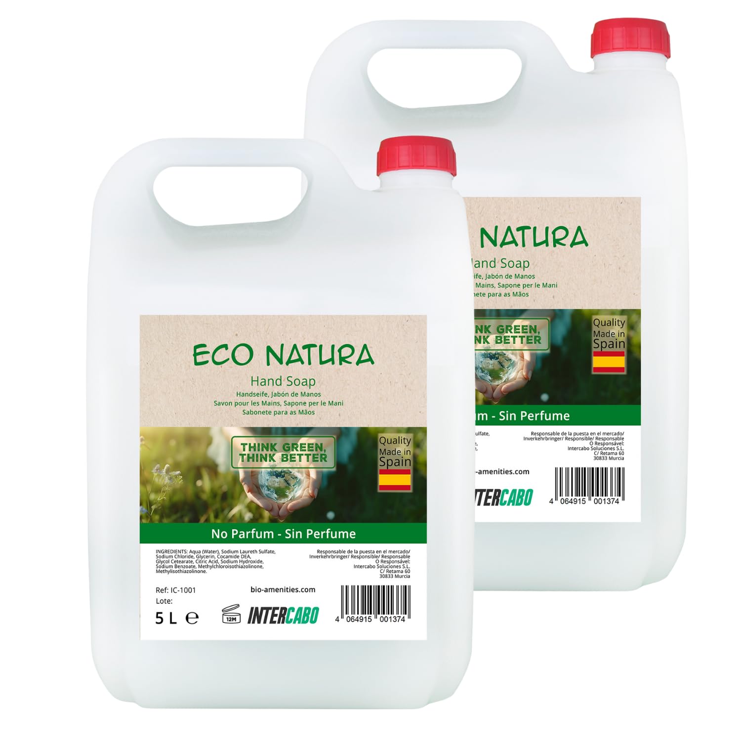 Sapone Mani Liquido 4 x 5 L Eco Natura • Ricarica Senza Profumo per Dispenser • Formula Delicata e Neutra • Per Hotel, Scuole, Uffici e Ambienti Professionali