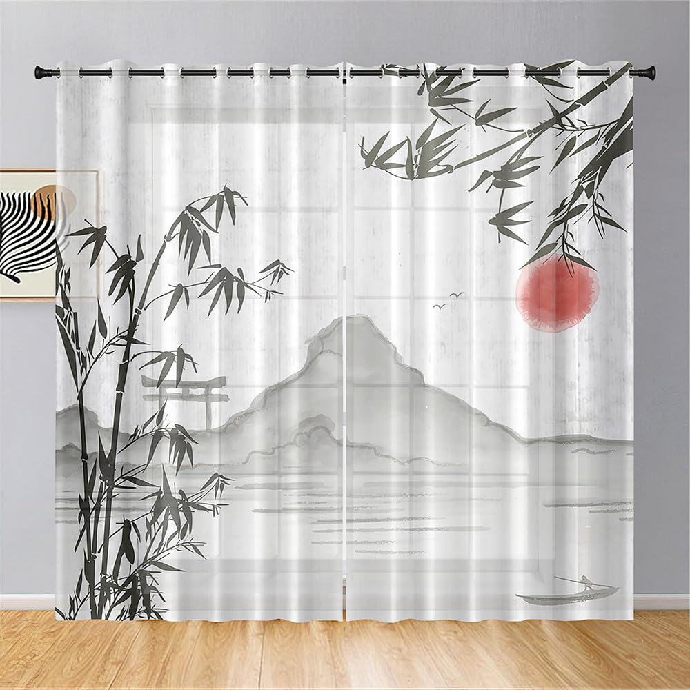 Mateju Rideau Voilage Blanc，Voilage Fenetre 3D Motif Botanique，Rideau Salon Moderne Lot de 2 Semi-Transparent Intérieurs Décoration，pour Cuisine、Chambre (Paysage,140 x 275 cm)