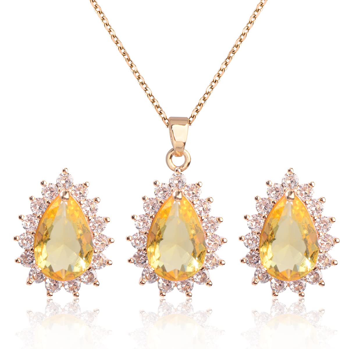 MycittaBridal Jewelry Set for Women - Sterling Silver 14k White Gold/ Gold Plated Teardrop Crystal Cubic Zirconia Pendant Necklace Earrings Set for Wedding Bride Bridesmaids Girls Party Prom Birthday