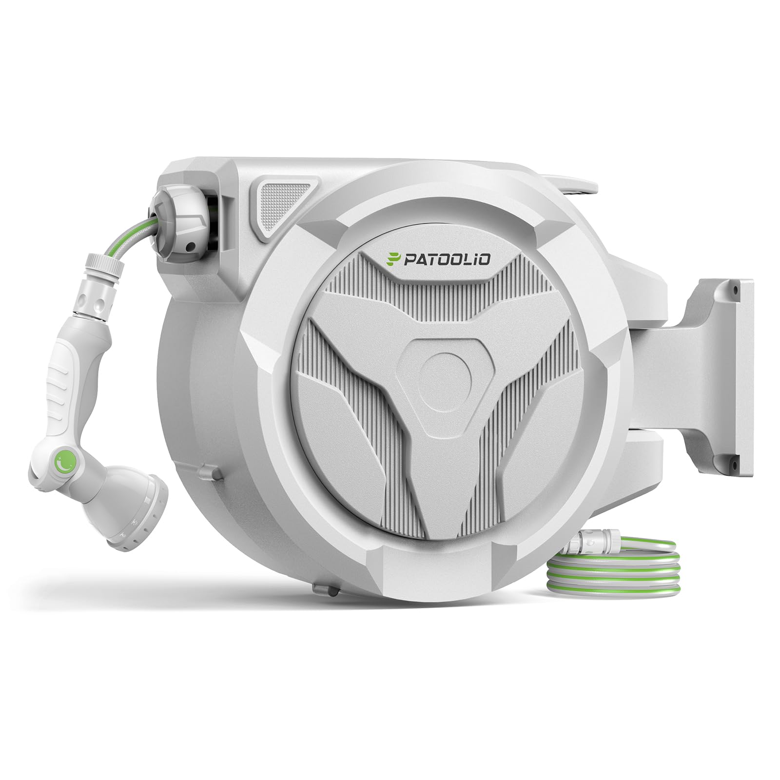 PATOOLIO 30+2m Wall-Mounted Automatic Retractable Garden Hose Reel, Ideal for Home Gardens,Outdoor Cleaning, Patios,Yards,180° Swivel, Self-Locking System,10 Spray Patterns,Car and Pet Washing,Grey