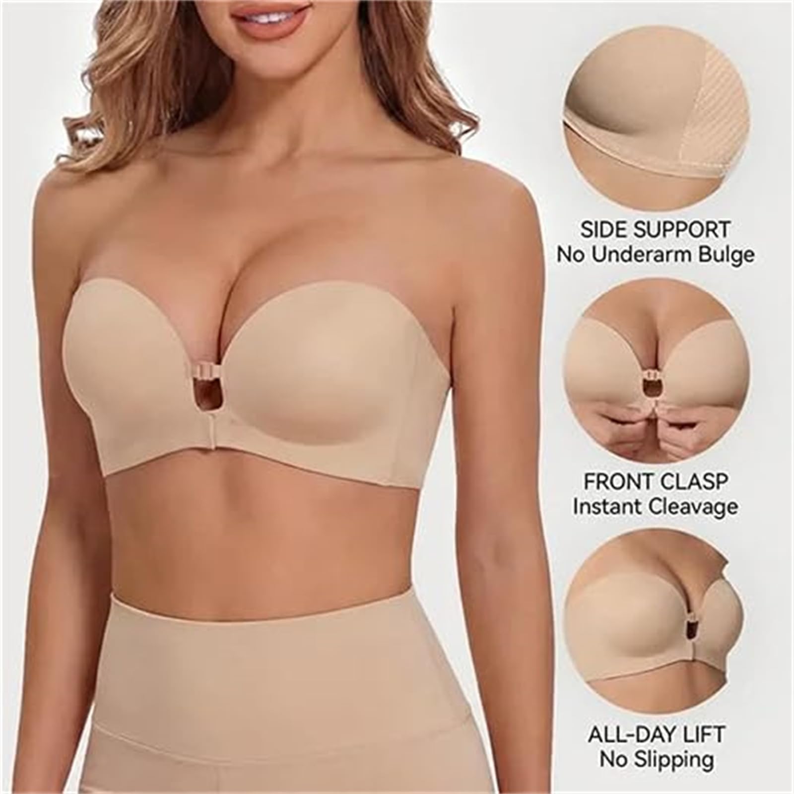 Reggiseno Senza Spalline con Chiusura Frontale, Push-up, Imbottito