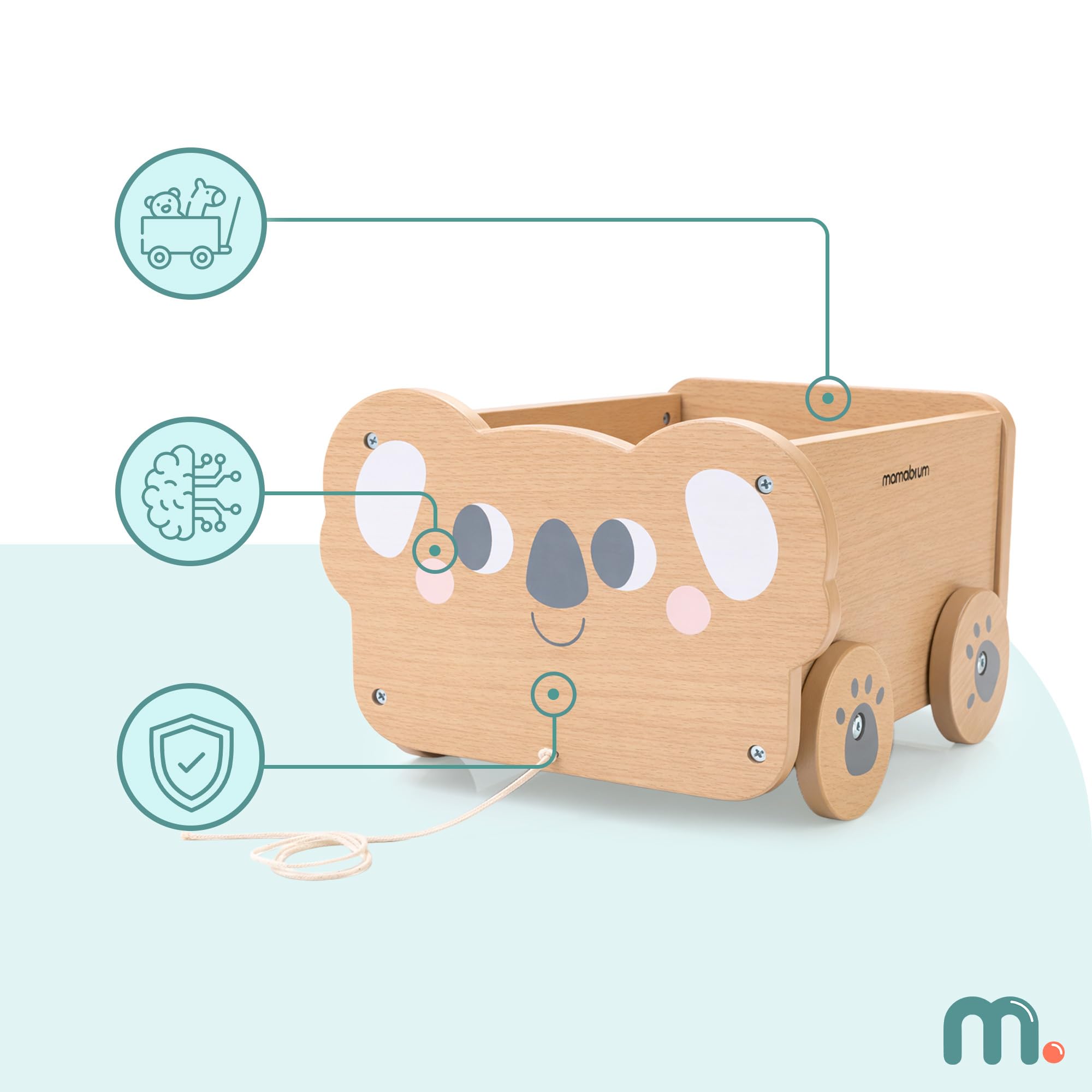 Mamabrum Carrito de Madera Koala para Niños con Cuerda, Juguete de Arrastre con Espacio de Almacenaje 5,54 l, Carro Infantil Educativo para Juego Diario