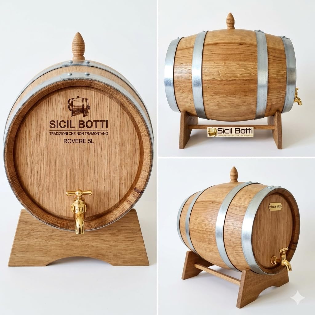 Generico Sicil Botti Botte in Legno di Castagno da 15 Litri, con Rubinetto in Ottone e Piedistallo, Interno Paraffinato, Personalizzabile, per Vino, Aceto e Distillati