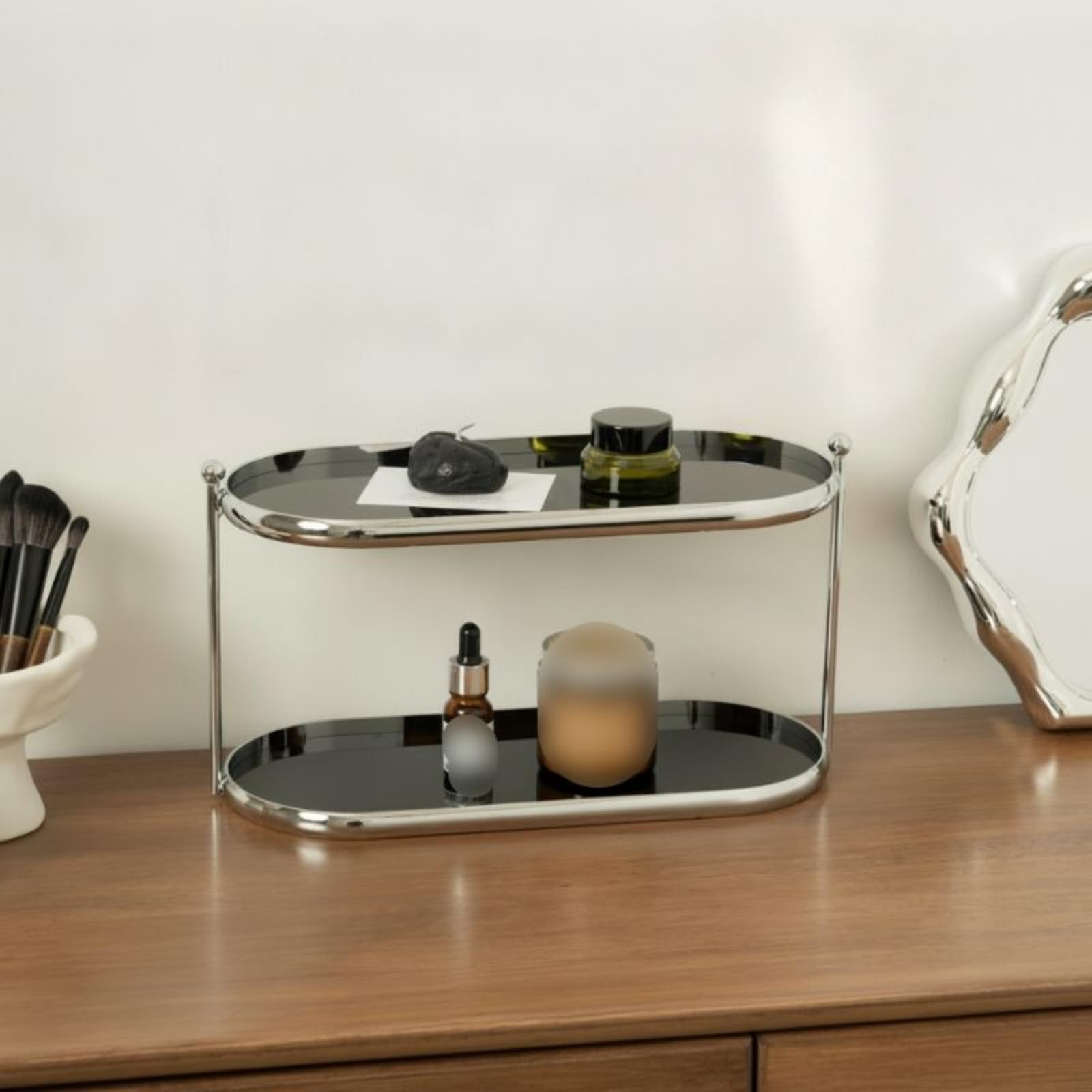 Estante de Almacenamiento de Dos Niveles Organizador de Cosméticos Joyas Maquillaje Perfumes Estantería Acrílica con Estructura Metálica Resistente, Beige, Style to 3