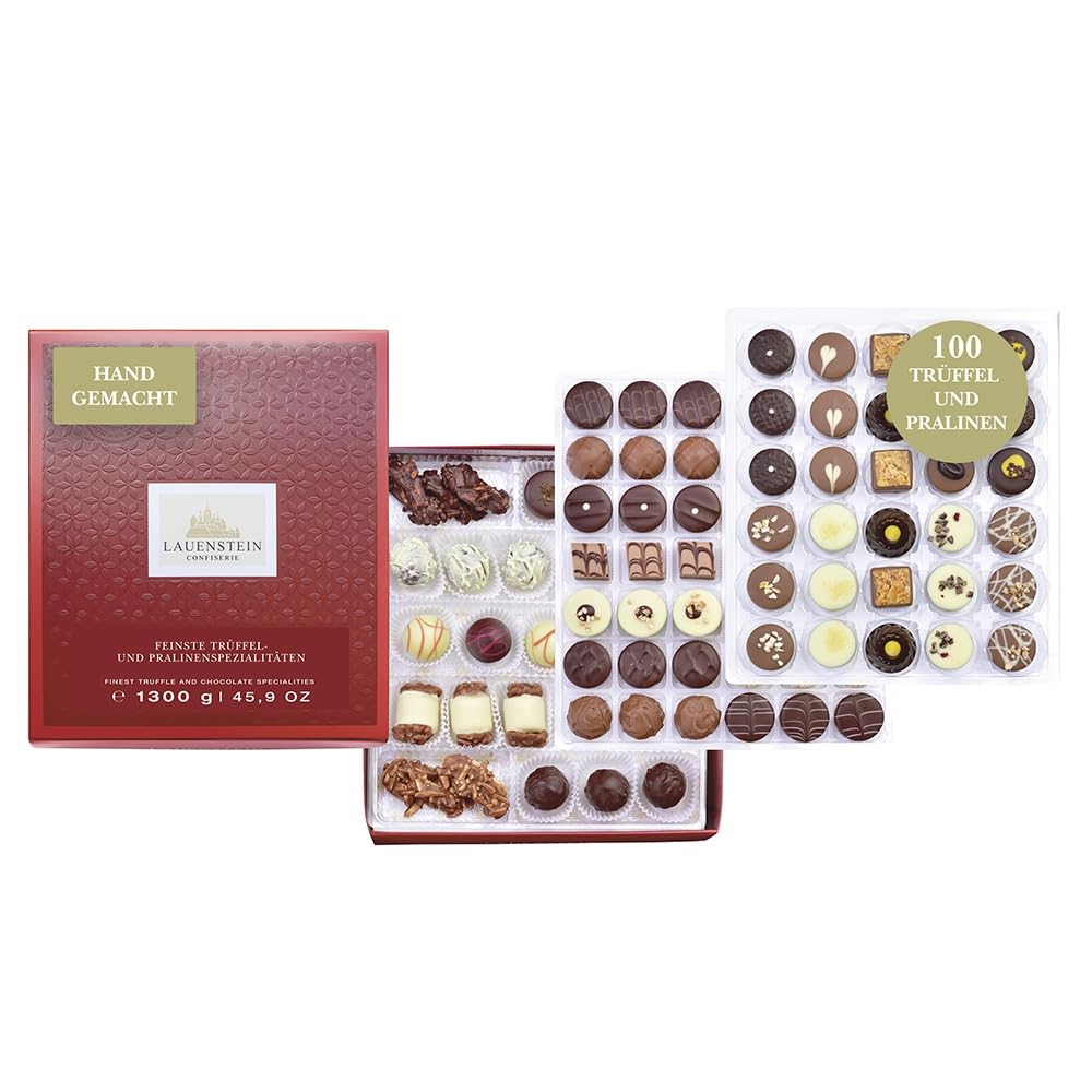 Lauensteiner handgemachte Pralinen Geschenkset | 100 Pralinen, 1.300 Gramm, 33-fach sortiert | Pralinen mit Alkohol | Geschenk für Männer und Frauen