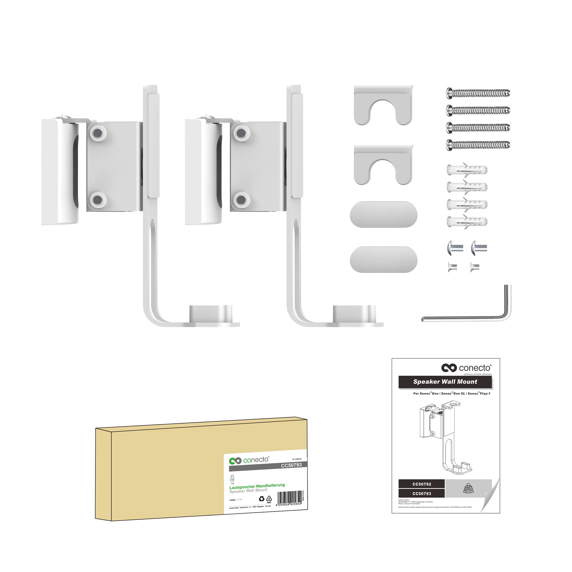 conecto Lot de 2 Supports muraux pour Haut-parleurs Sonos® One, Sonos® One SL, Sonos® Play:1, Charge maximale : 3 kg, Blanc