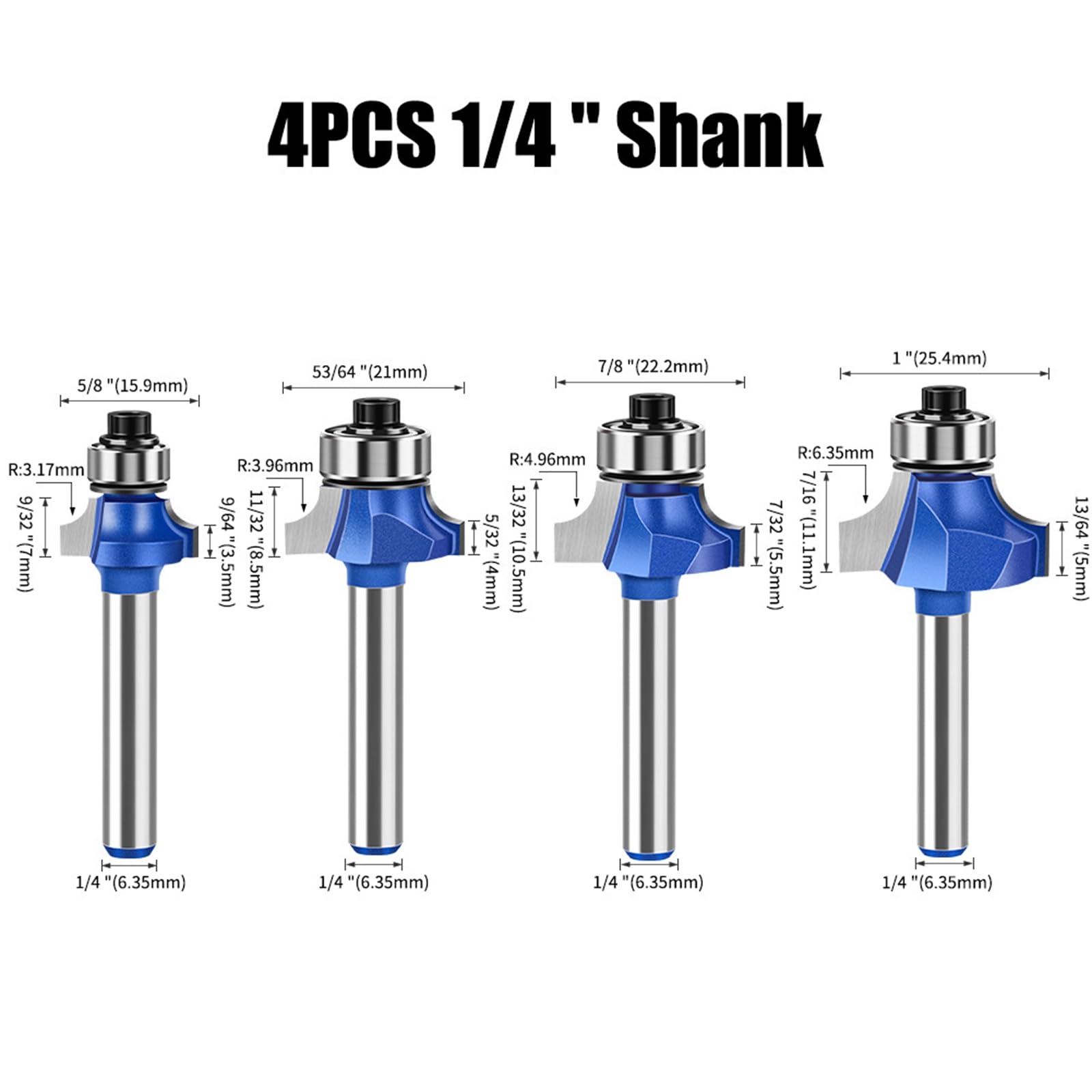 MACHSWON 4 PCS Round Over Router Bits 1/4" Shank,Roundover Beading Router Bit Set,Tungsten Carbide Blades,Corner Rounding Edge-Forming,Round Over Edging Router Bits 3.17mm 3.96mm 4.96mm 6.35mm Radius - Image 2