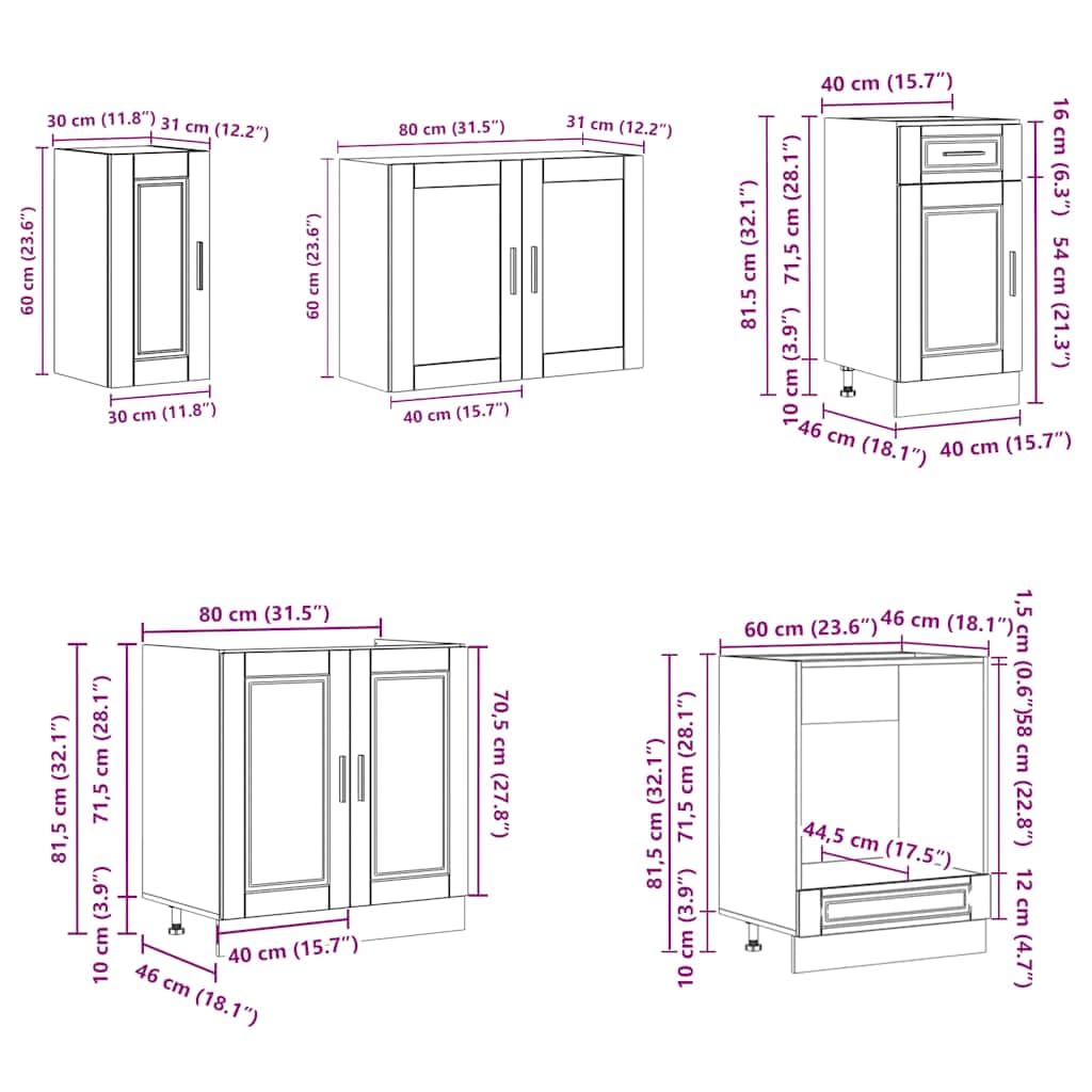 8-TLG. Küchenschrank-Set Porto Räuchereiche - Moderne Küchenzeile aus Holzwerkstoff mit Glas-Hängeschrank, Spülschrank, Backofenschrank und Hochschrank für viel Stauraum