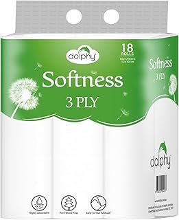Dolphy 3-Ply Toilet Paper 72 Rolls (18 Rolls x 4 Packs), 180 Sheets Per Roll, Ultra Soft White Bathroom Tissue, Septic Saf...