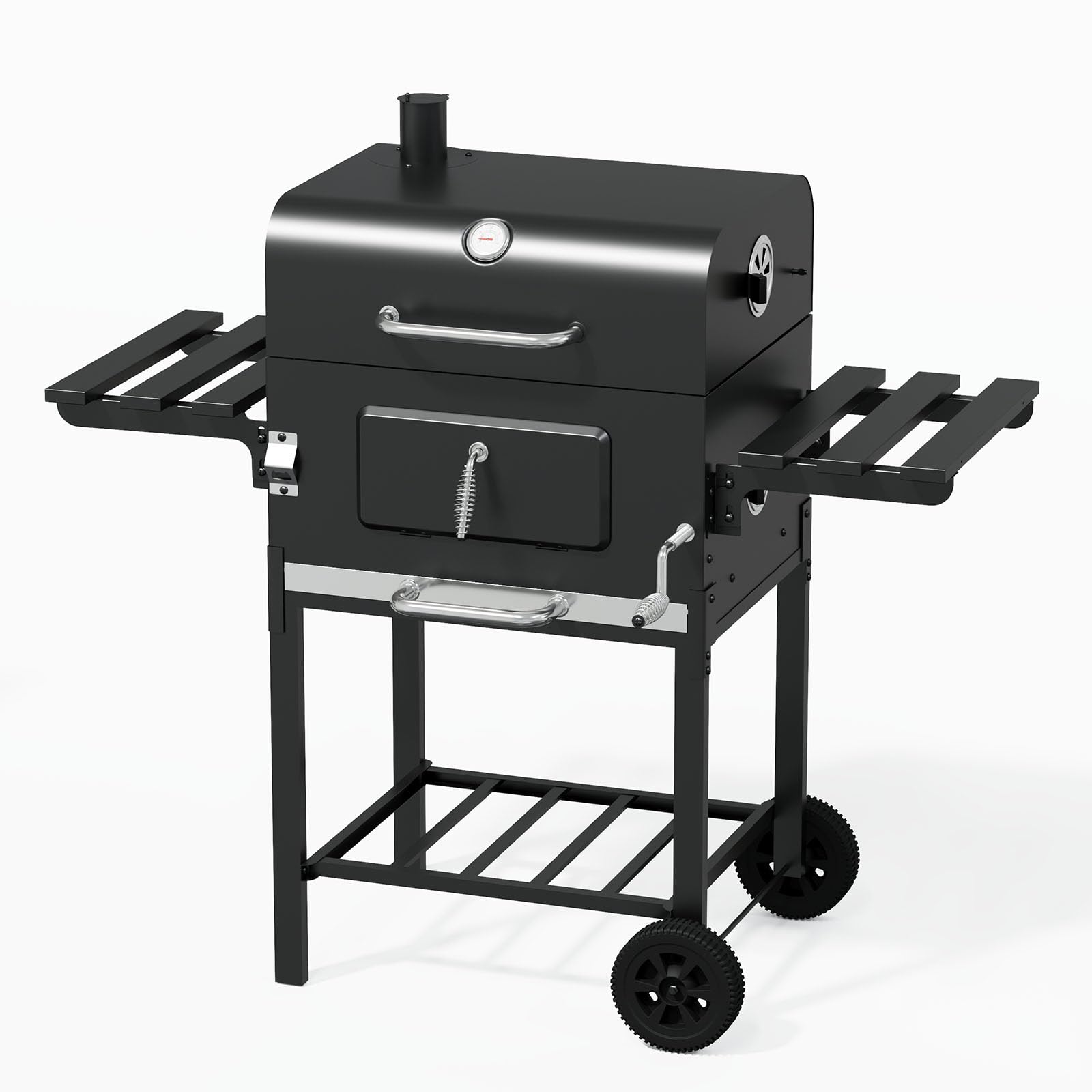 Portable Charcoal BBQ Grill,Smoker Barbecue With 2 Folding Side Table,Built-in Thermometer,Adjustable Charcoal Pan & Chimney,Wheels,Coal BBQ Smoker for Home Garden Cooking