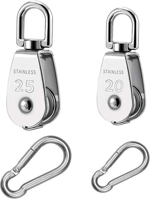 4pcs Single Pulley Block M20 M25 Rope Pulley Roller 304 Stainless Steel Steel Cable, with Carabiner, for Prevent Rope from Knotting Convenient to use Rope Loading(Silver)