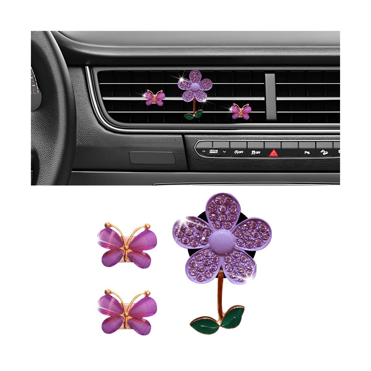 3PCS Bling Car Air Vent Clips, Butterfly Flower Rhinestone Vehicle Conditioning Outlet Clamps, Diamond Vent Clip Charm Decoration for Women Girls, Universal Automotive Accessories (Purple)