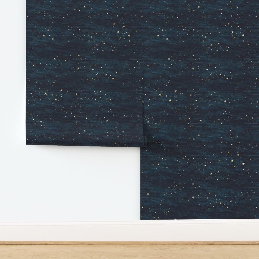 Peel & Stick Wallpaper Swatch - Night Sky Stars Midnight Blue Turquoise Hand Drawn Dark Cosmos Custom Removable Wallpaper by Spoonflower