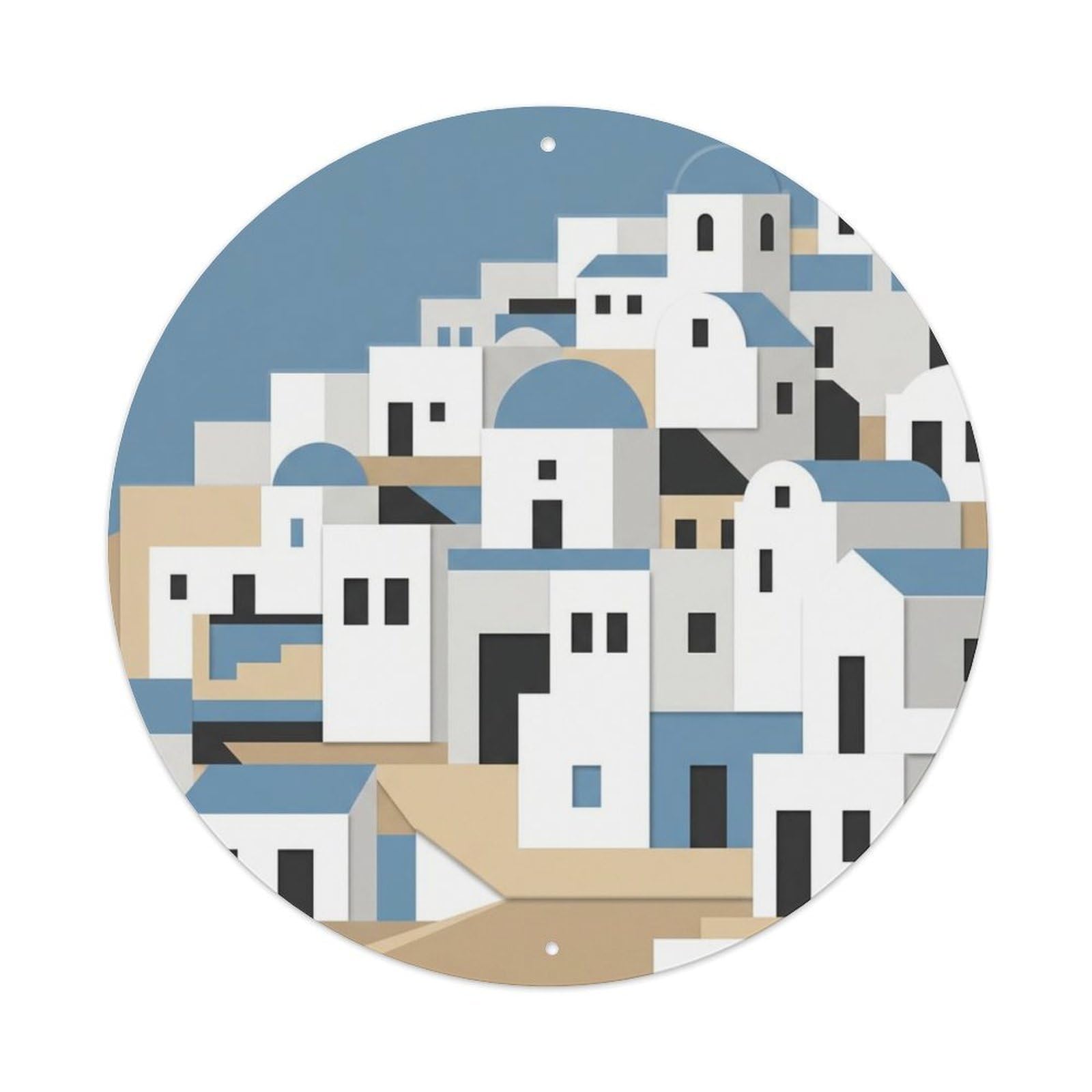 Santorini Layered Island Travel Metal Tin Sign Plaque Wall Decor for Cafe, Club Bar, Office, Home Garden Round Metal Poster 8x8Inch