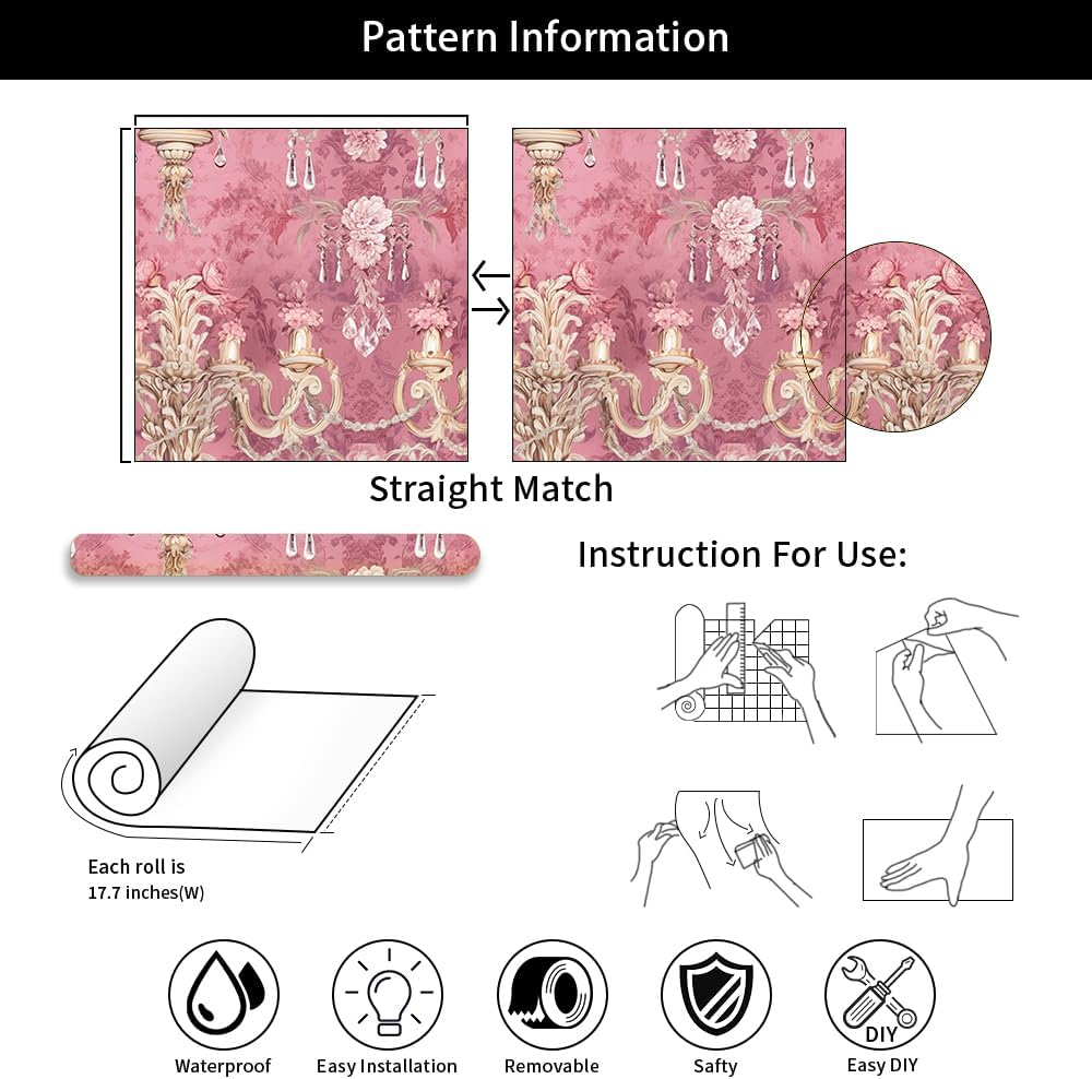 REDAMANCY Vintage Pink Baroque Antique Luxury Flower Peel and Stick Wallpaper Vintage Wall Paper Stick on Contact Paper Easy Peel Off for nightstand Drawer Renter Friendly 17.7"x236"
