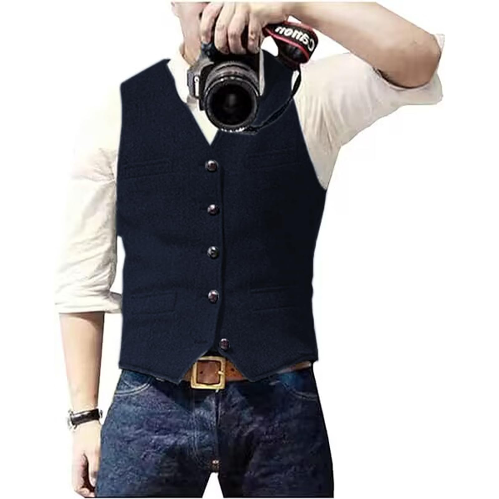 Solovedress Men's Casual Wool Herringbone Suit Vest V-Neck Tweed Vest for Wedding Groomsmen, Dark navy, XL