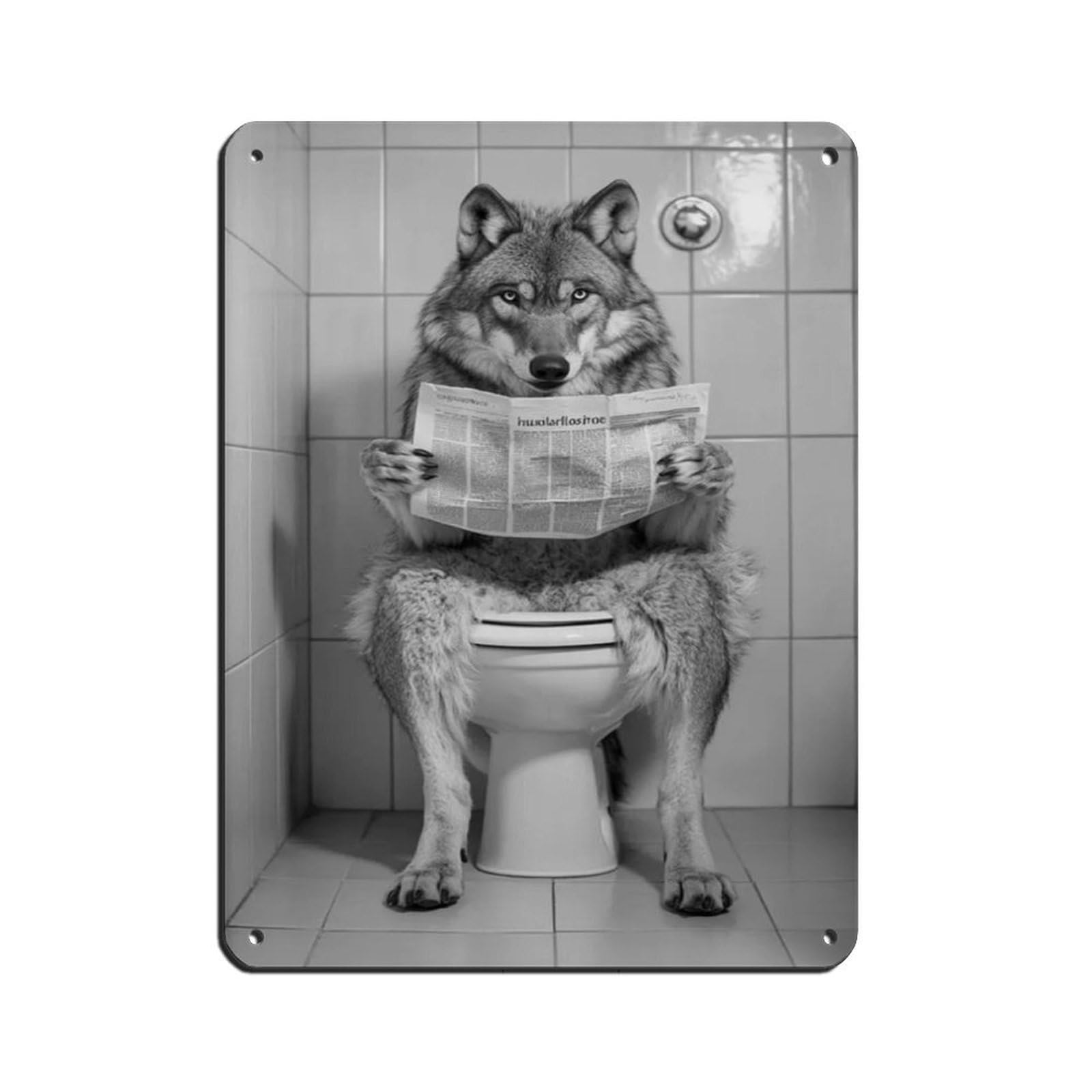 Wolf Sitting on The Toilet Reading A Newspaper Retro Poster Metal Tin Sign Chic Art Retro Iron Painting Bar People Cave Cafe Family Garage Poster Wall Decoration 12x16inch(30x40cm)
