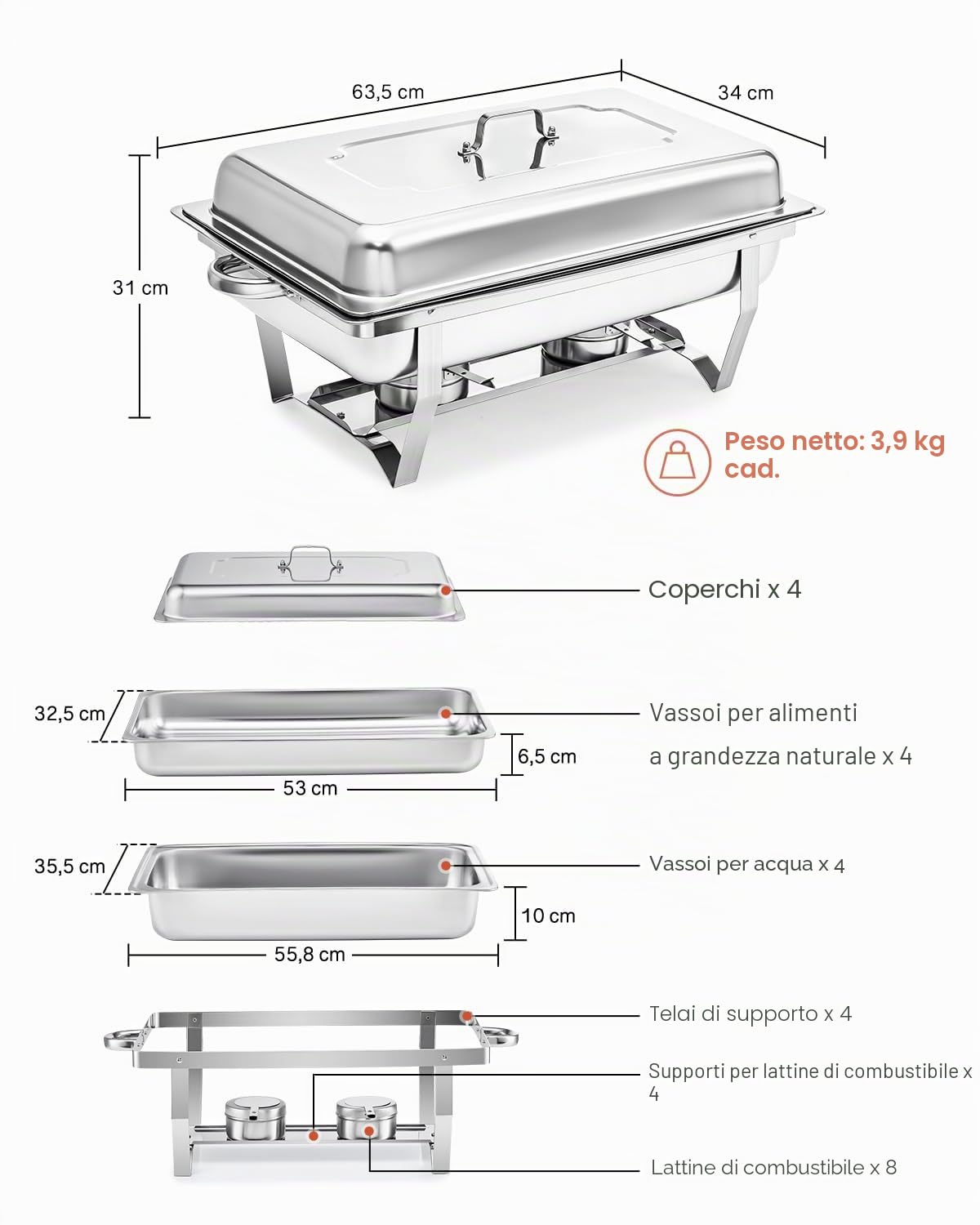 Wilprep 9L Chafing Dish Buffet Scaldavivande in Acciaio Inox Alimentare Pieghevole per Mantenere Piatti Caldi a Buffet, Feste e Servizi di Ristorazione (4 Pezzi)