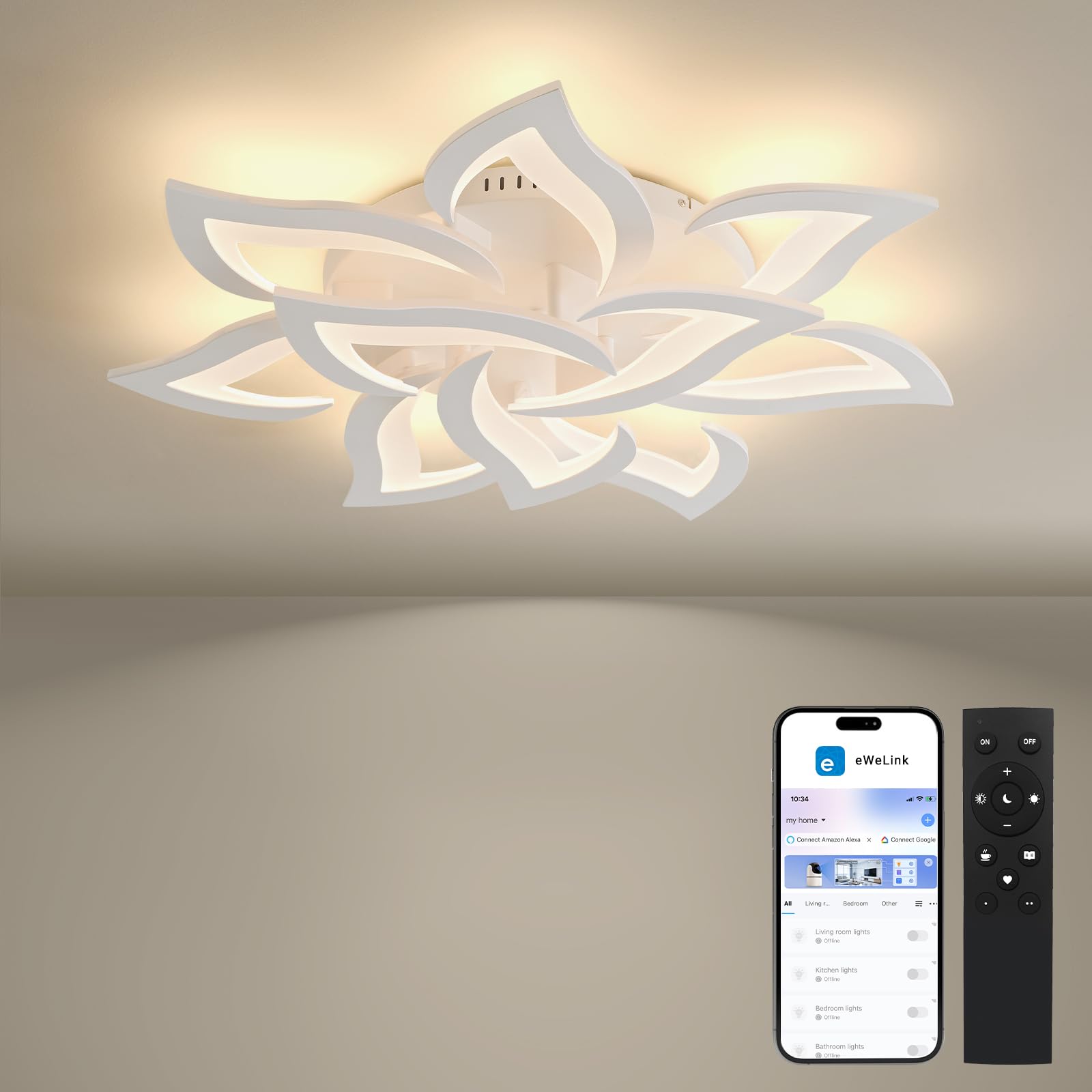 BAYHT Smart LED Deckenleuchte Dimmbar, Kompatibel Mit eWeLink App, Blumen Deckenlampe für Wohnzimmer Schlafzimmer, Moderne Lampe Decke Beleuchtung, Großer Kronleuchter 10 Heads/Ø81cm/46W