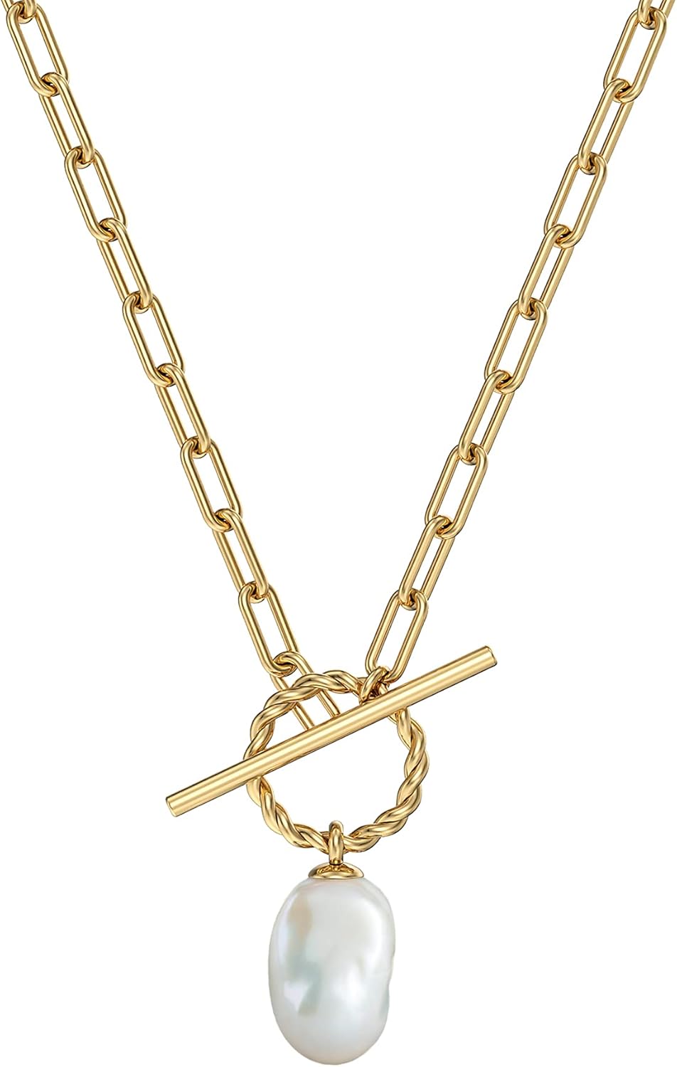 Kaiya - Chunky Gold Toggle Clasp Pearl Pendant with Paperclip Chain Necklace, Stainless Steel