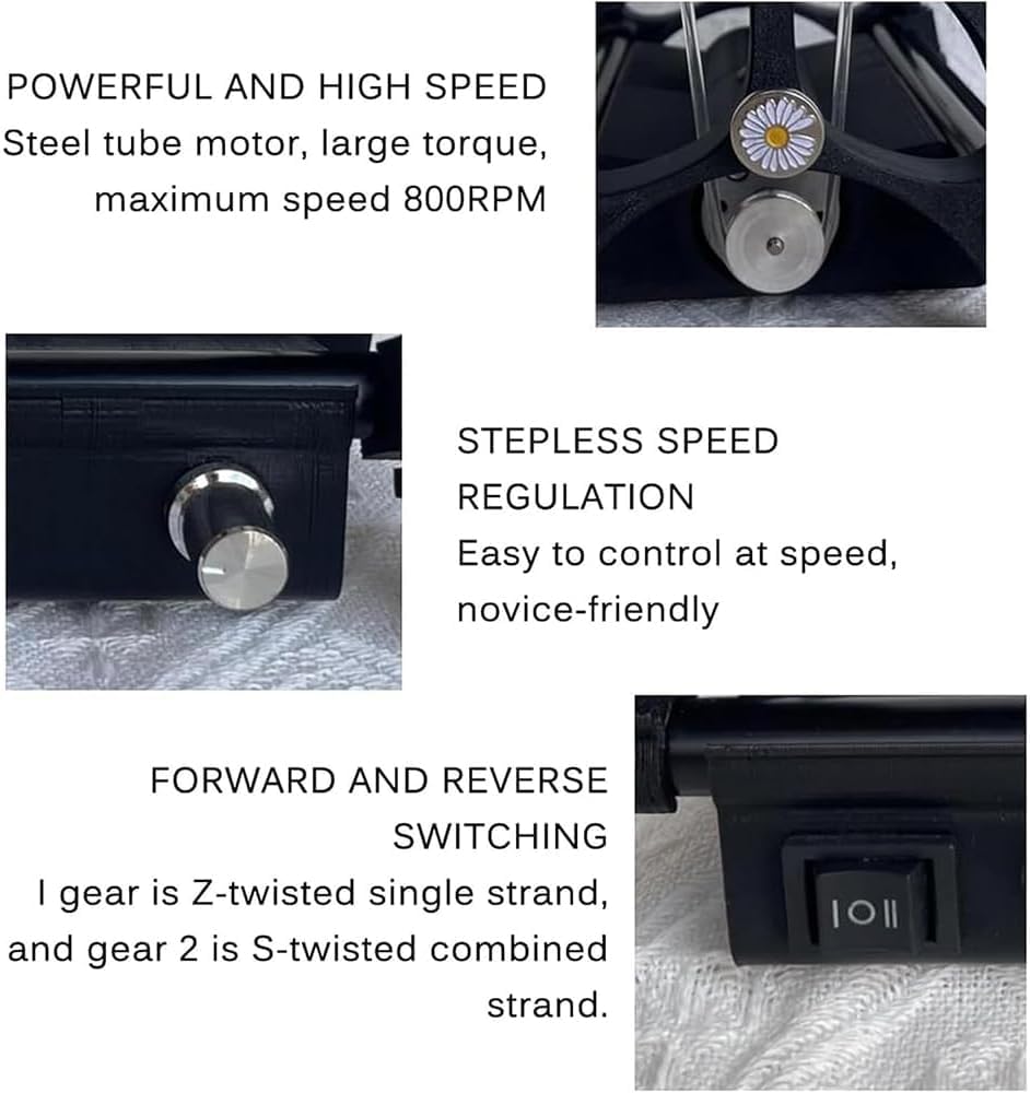 Nawijarka do kłębków, wirnik elektryczny, maksymalna prędkość 800 RPM, pojemność 4 oz (120 g), przełączanie do przodu/do tyłu, regulowana prędkość/napięcie bezpieczeństwa 12 V, do tkania przędzy