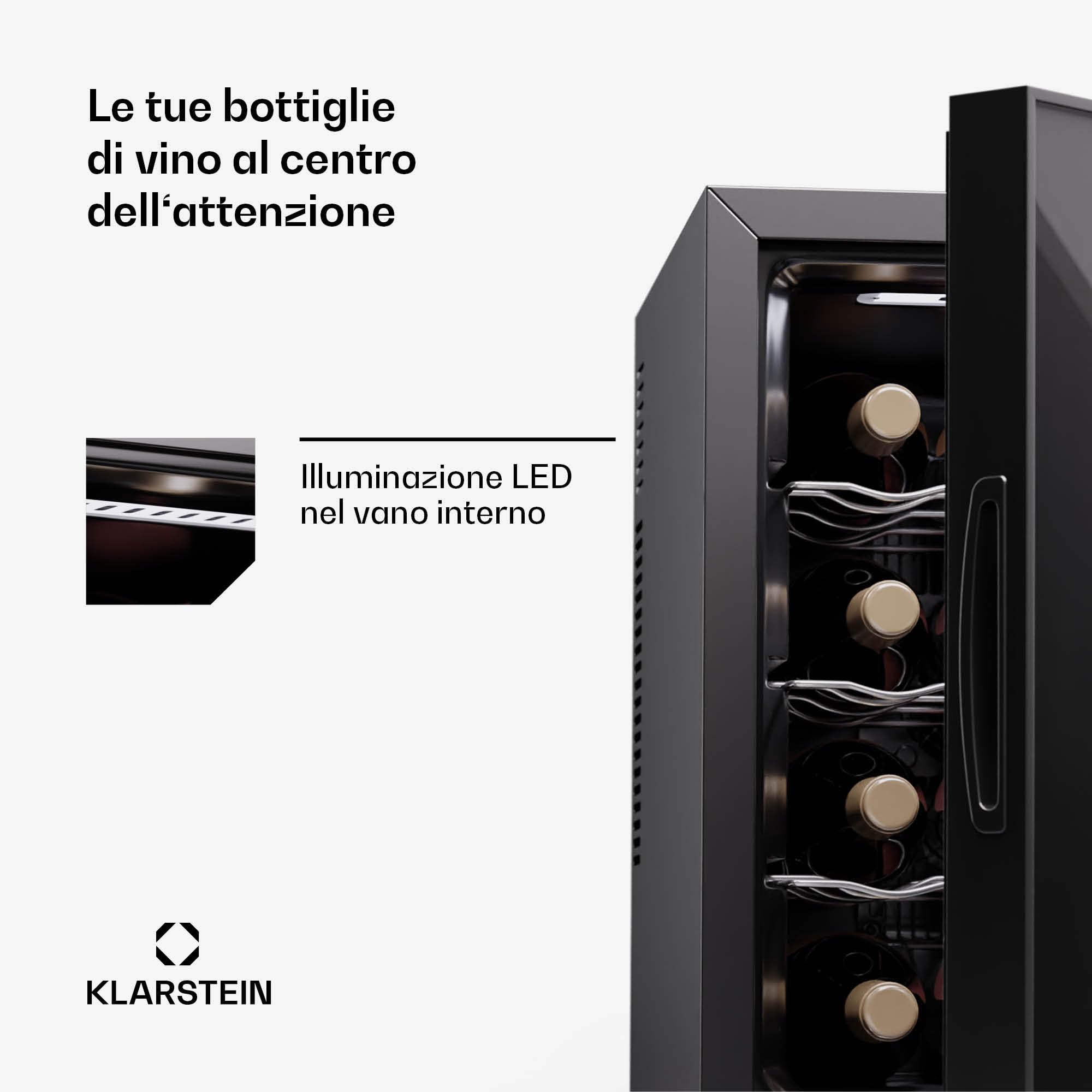 KLARSTEIN Nevera para vino independiente 1 zona, Nevera para bebidas pequeña, Nevera para vino pequeña, con puerta de cristal, Nevera para botellas interior/exterior, 12 botellas