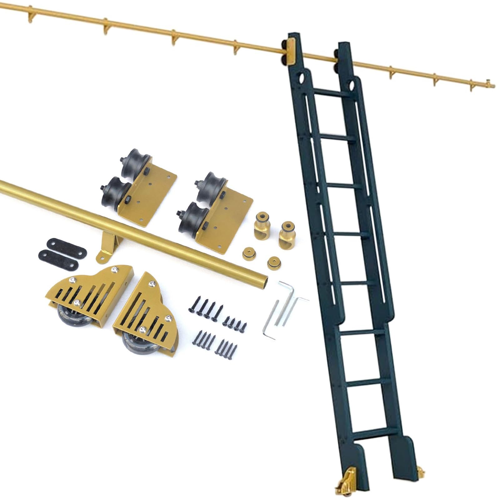 DONGGANSHI Gold Sliding Ladder Track Kit 3.3ft-24ft Rolling Library Ladder Hardware Kit,Round Tube Track/Rail(No Ladders) with Floor Roller Wheels(19.7ft/600cm Track kit)