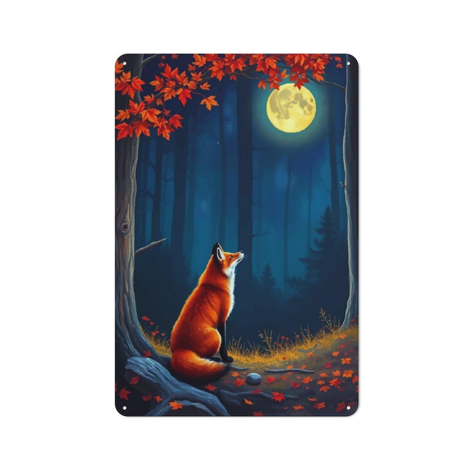 Junmoney Fox Under The Full Moon Retro-Style Metal Plaque 30X20cm For Garage Or Workshop, For Garage, Workshop And Man Cave Decoration