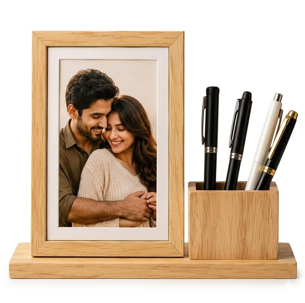Wooden Photo Frame with Pen Holder, 360° Rotating, Premium Wood Finish, Desk Organiser, for Office, Study Table and Home Décor-image-19