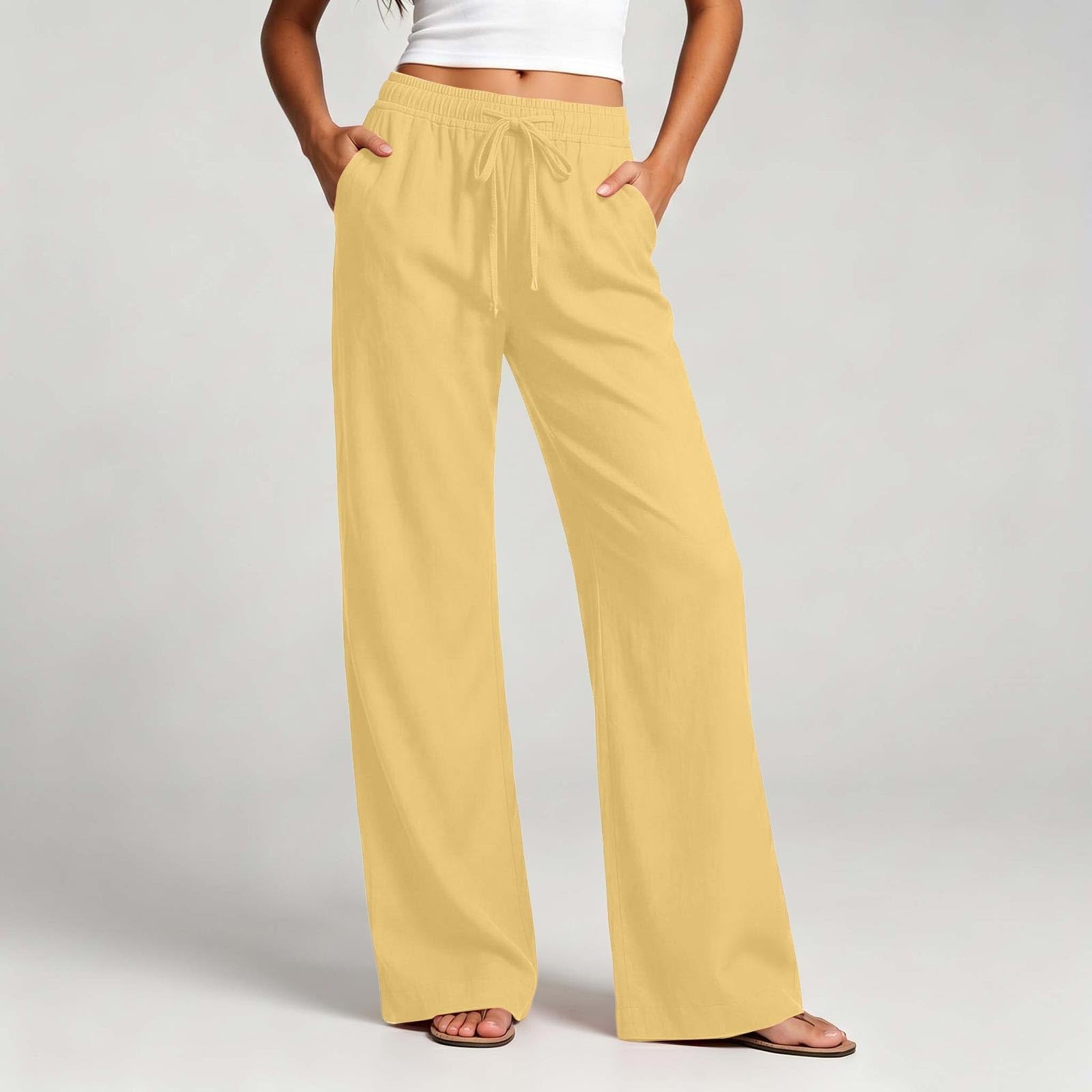 Pantalon Large Femme Coton Lin Cordon Taille Élastique Poches Couleur Unie