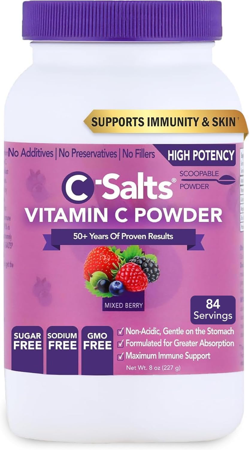 C-Salts Buffered Vitamin C Powder - Pure Organic, Stomach Friendly Ascorbic Acid VIT C Drink for Daily Immune Support & Collagen Production - Vegan Non GMO Sugar Free - 84 Servings Mixed Berry, 8oz